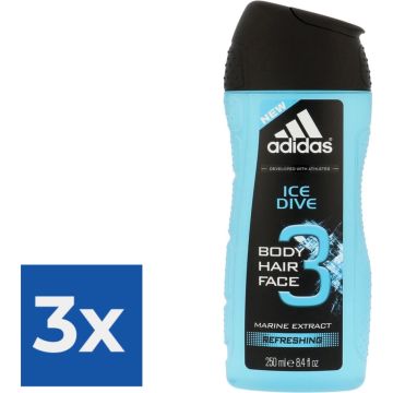 Adidas Douche &amp; Shampoo Men - Ice Dive 250 ml. - Voordeelverpakking 3 stuks