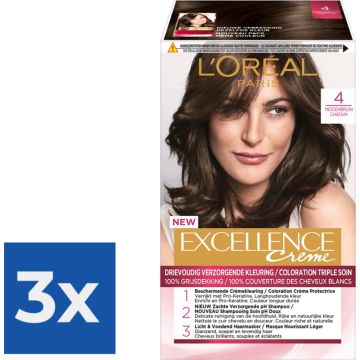 L’Oréal Paris Excellence Crème 4- Middenbruin - Haarverf - Voordeelverpakking 3 stuks