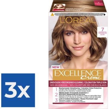 L’Oréal Paris Excellence Crème Haarverf - 7 Middenblond - Voordeelverpakking 3 stuks