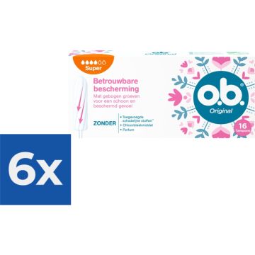 O.B. Tampons - Original Super Plus - Gebogen Groeven - 16 stuks - Voordeelverpakking 6 stuks