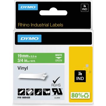 DYMO Rhino industriële Vinyl Labels | 19 mm x 5,5 m | witte afdruk op groen | zelfklevende labels voor Rhino &amp; LabelManager labelprinters