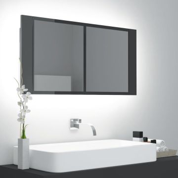Prolenta Premium - Badkamerkast met spiegel en LED 90x12x45 cm hoogglans grijs