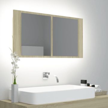 Prolenta Premium - Badkamerkast met spiegel en LED 90x12x45 cm sonoma eikenkleurig